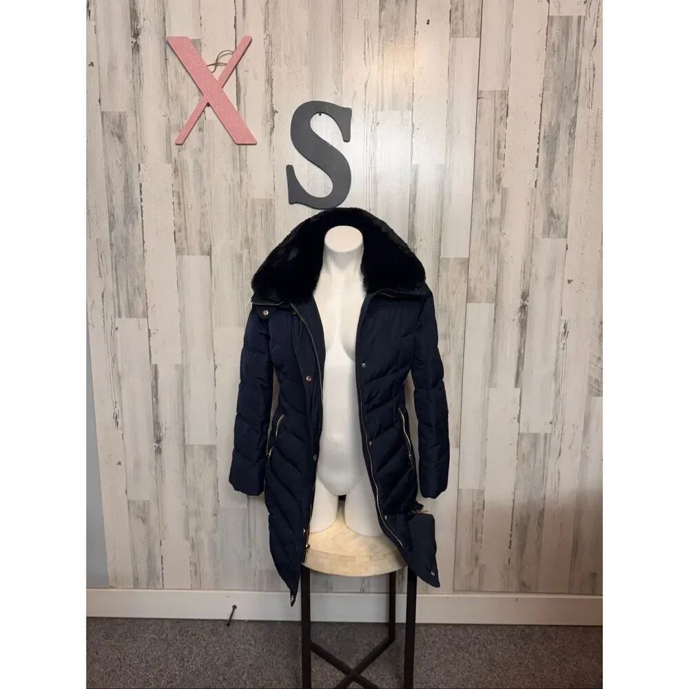 Michael Kors Puffer Coat XS Navy Faux Fur Hood Quilted Winter Jacket MK